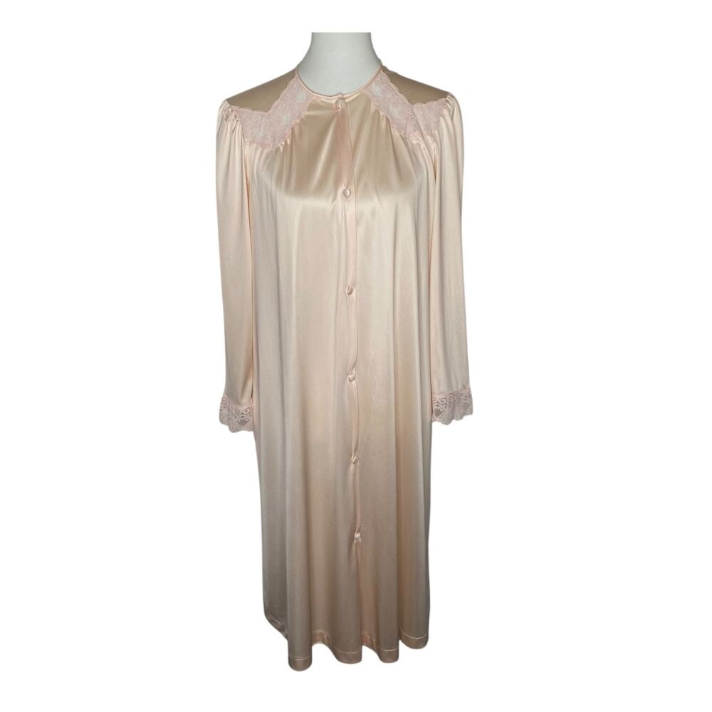 Vanity Fair Robe Pink Lace Trim Button Front Long Sleeve Small Vintage Coquette